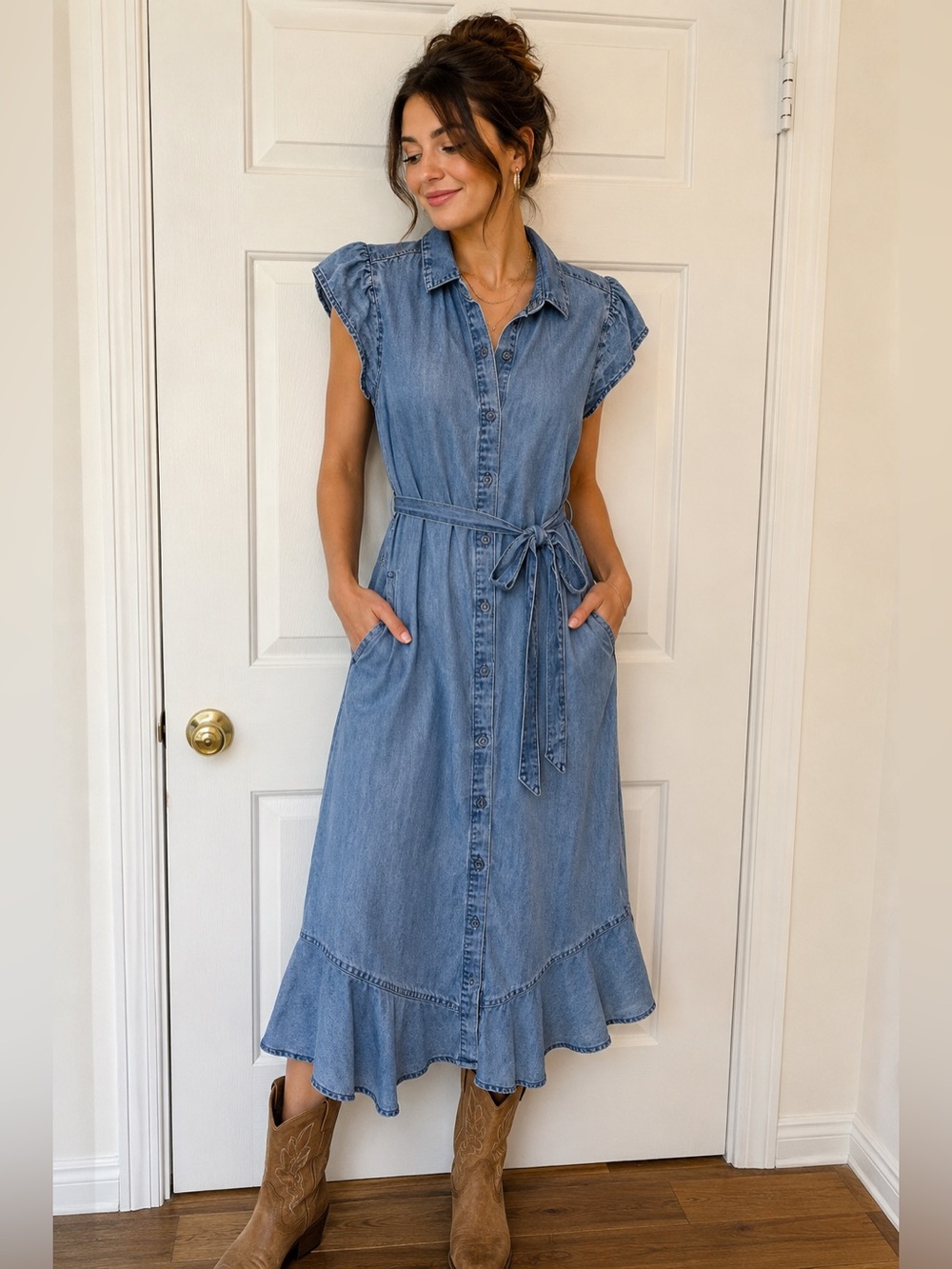 Velvet Heart Blue Denim Button Festival Western Country Maxi Dress XS Pockets